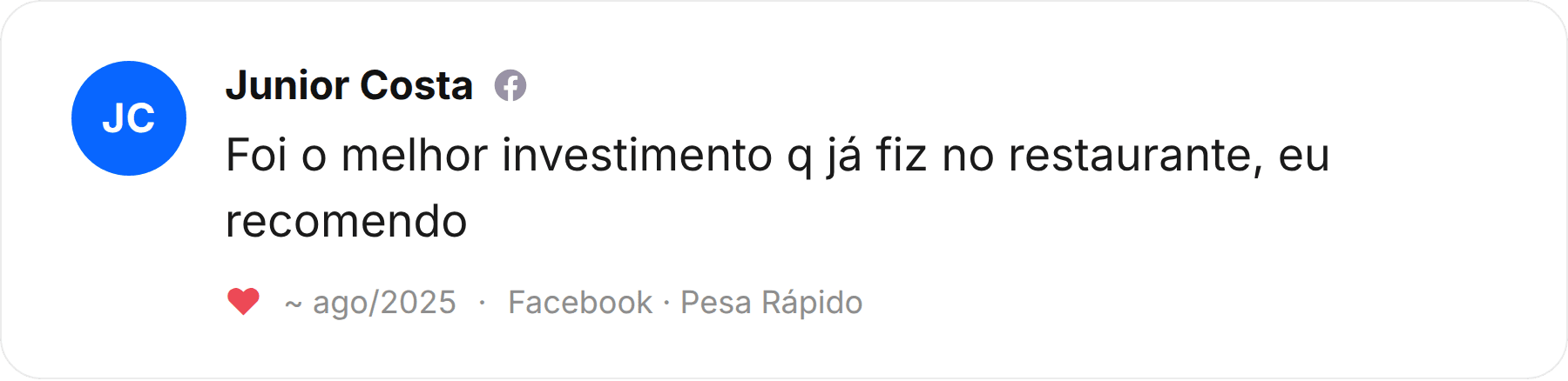 Comentário de Junior Costa publicado no Facebook sobre a Pesa Rápido