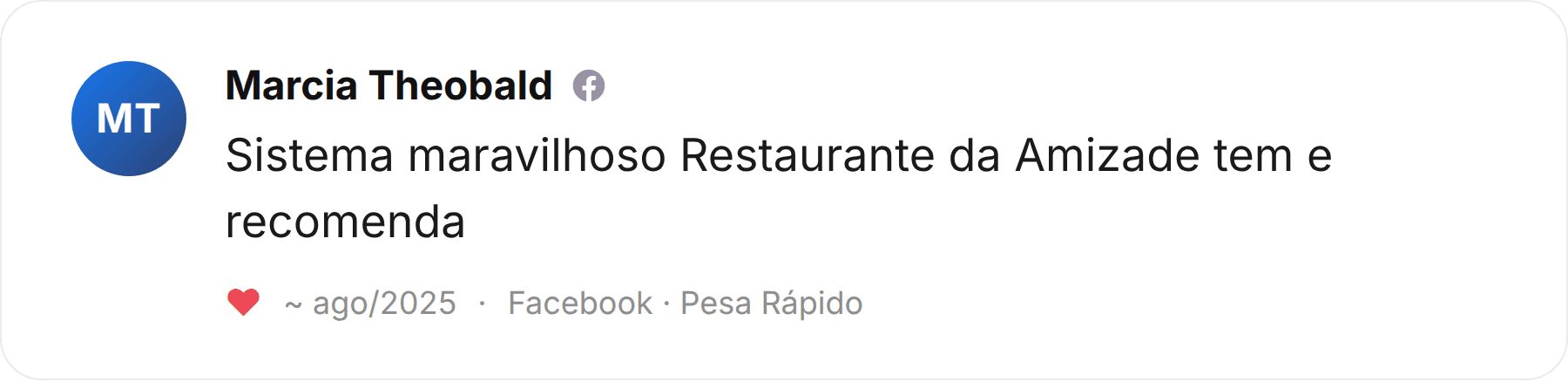Comentário de Marcia Theobald publicado no Facebook sobre a Pesa Rápido