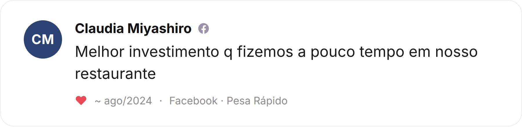 Comentário de Claudia Miyashiro publicado no Facebook sobre a Pesa Rápido