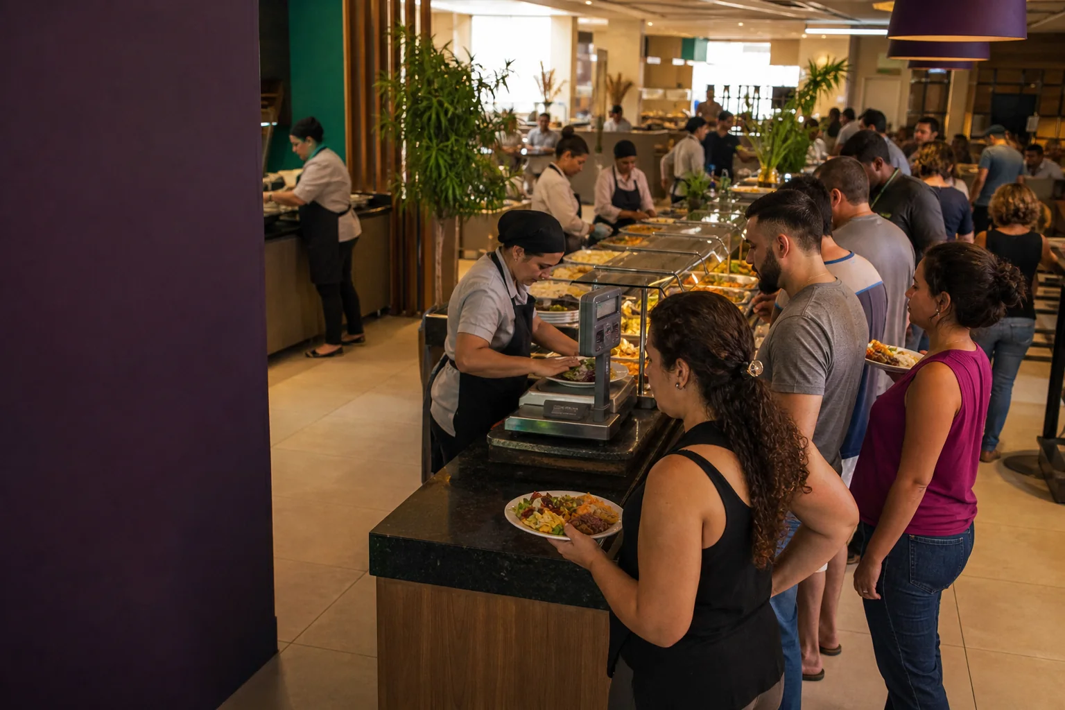 Restaurante com fila no horário de pico, oportunidade de mercado para o Pesa Rápido